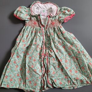 Shrimp & Grits Kids Green Red Floral Print Hand-smocked Piper Dress 4T